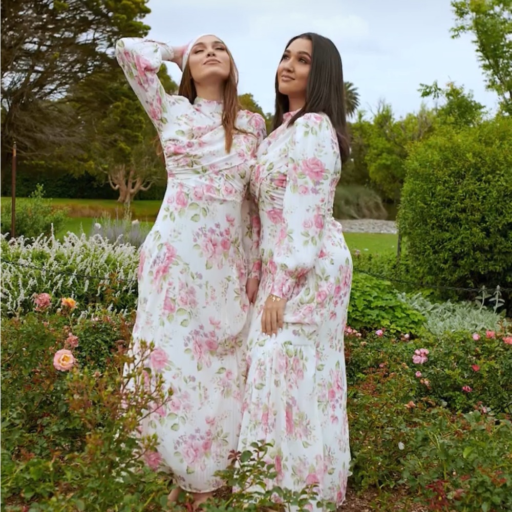 Twiice Boutique white floral dress with long sleeves and draped bodice